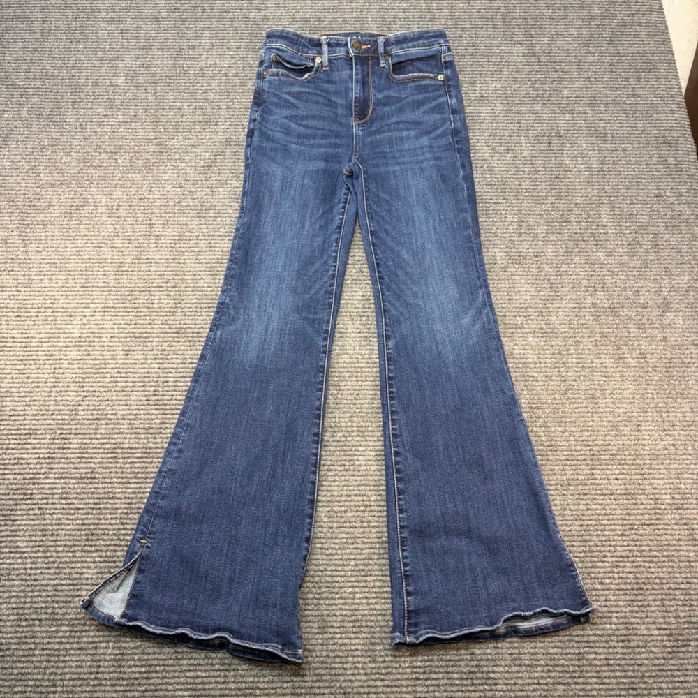 American Eagle Super Hi-Rise Flare Jeans Dark Wash Size 4 Regular Side Slit Hem